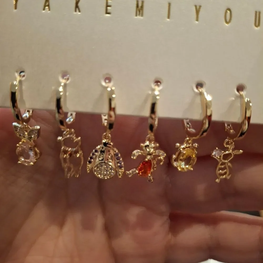 Winnie The Pooh 14K Gold Plated Gemstone Stud Dangle Earring Set